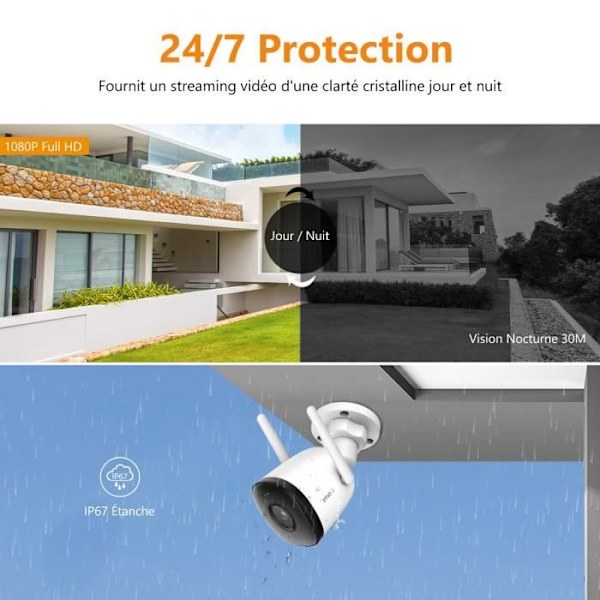 Imou Outdoor WiFi -valvontakamera, 1080P WiFi vedenpitävä IP67 ja 30 metrin yönäkö Yhteensopiva Alexa Google Homen kanssa