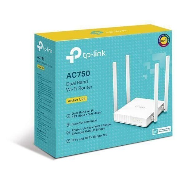Tp-link Wifi Router Archer C24 Ac750 Dual AP/router, 4x Lan, 1x Wan/ 300mbps 2.4/ 433mbps 5ghz, Right To Socket, Indendørs, A