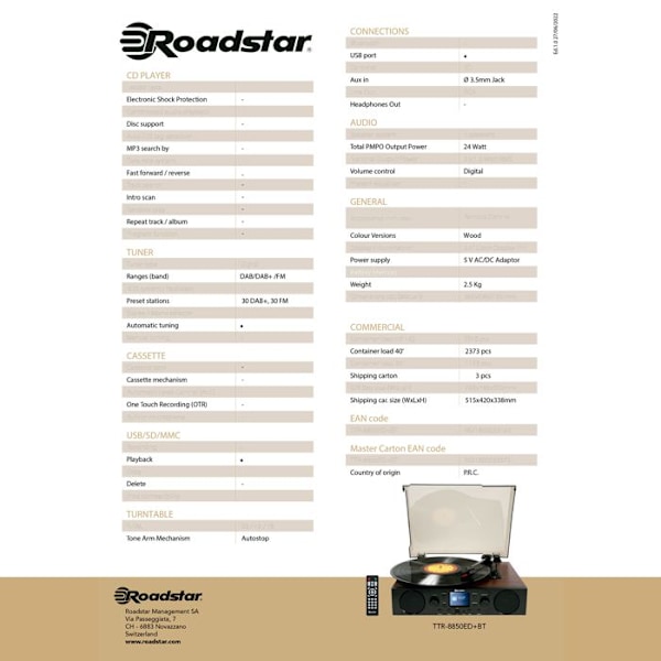 Hi-Fi Musiksystem Vinylspelare, FM/DAB+/RDS Radio, Bluetooth, USB/SD Roadstar TTR-8850ED+BT Trä/Svart 33192 Trä/ Svart