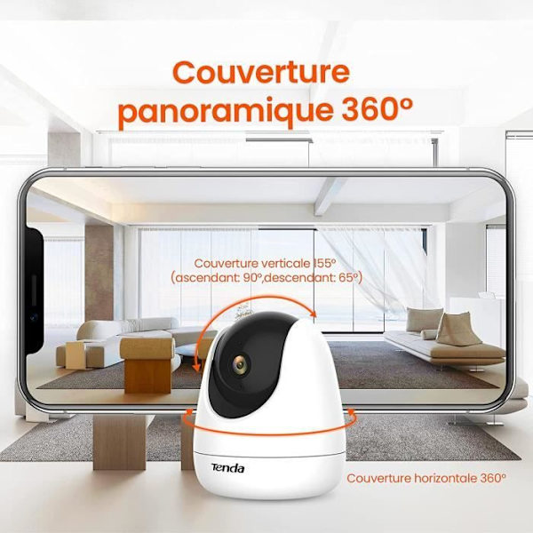 TENDA IP-kamera 1080P, Tovejslyd, Bevægelsessporing, Infrarødt nattesyn, Overvågningskamera. CP3 HVID