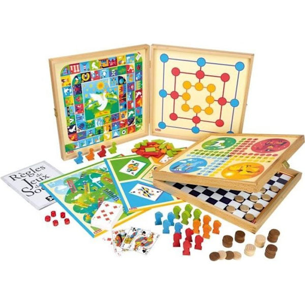 JEUJURA Classic Games Box - 80 sääntöä - Puiset pelinappulat