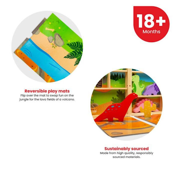 Bigjigs Toys Puinen dinosauruspelilaatikko, jossa on 5 dinosauruslelua ja 2 avautuvaa pelimattoa, lapsille alkaen 18 kuukauden iässä. Flerfarvet