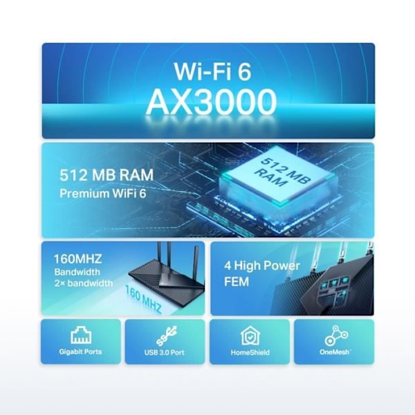 WiFi 6 Router - TP-Link - Archer AX55 - AX3000 - 5 Gigabit-portar - USB 3.0-port