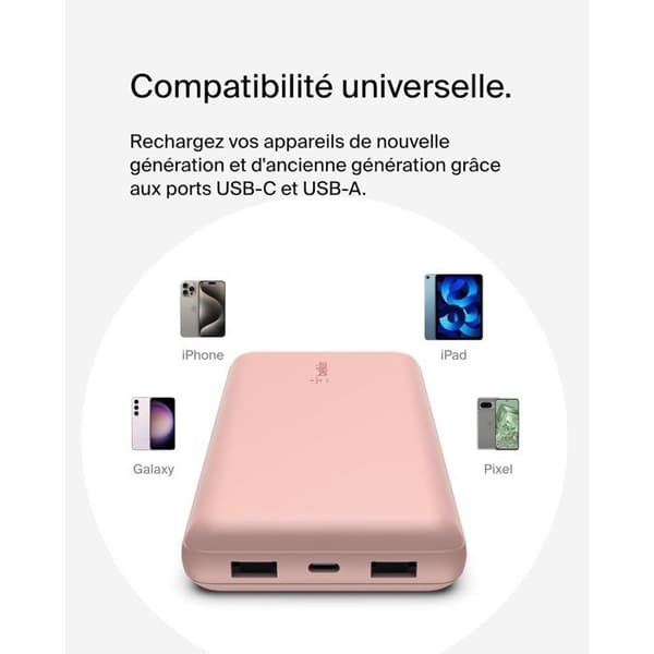 Extern batteri - BELKIN - 20 000 mAh - USB-A & USB-C - 15 W - Rosa Ros