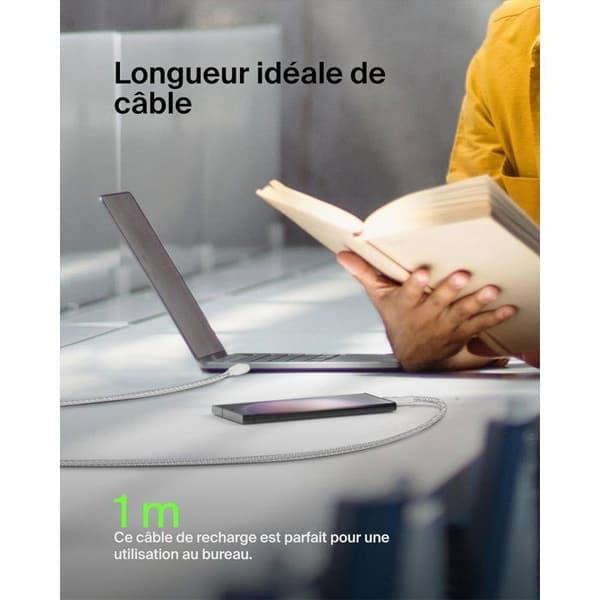 Flätad kabel - BELKIN - USB-C till USB-A - 1 m - Vit Vit