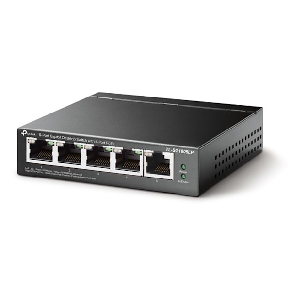 TPLINK TL-SG1005LP 5P Gb Switch 4P PoE+ TL-SG1005LP 5-Port Gigabit Desktop Steel Case Switch med 4-Port PoE+ 40W PoE budget