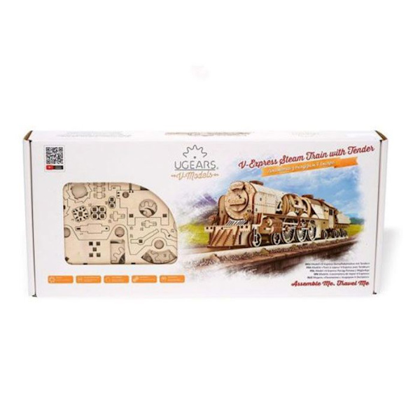 Træmodel - UGEARS - V-Express damptog med strammer - 538 dele - Beige Beige