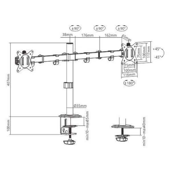 TV-tuki - Gembird - MA-D2-01 - Kallistuva - 30 kg - Musta