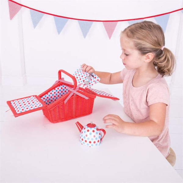 Bigjigs Toys värikäs polka dot teesetti ja kori - Roolilelut ja leikkisetit