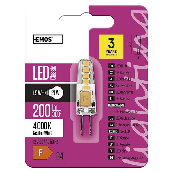 Emos - ZQ8621 - Les A++, Classic JC LED-lampa, neutralvit, glas, 2 W, G4, transparent, 1,6 x 5,1 cm