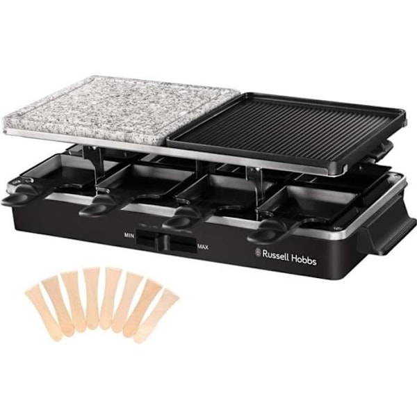 Russell Hobbs Raclette Apparat - 26280-56 - 3 i 1 multifunktion - 8 personer - 1400W - Kogesten - Vendbar grill Sort og grå