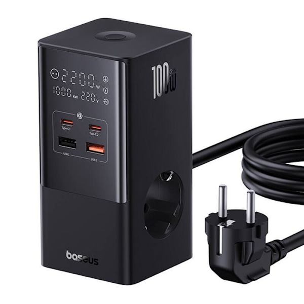 Latausasema (E00023609113-00)2xUSB, 2xType-C, Shuko, LED-näyttö, 100W pikalataus, 1,5m - Baseus - Musta