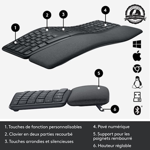 Ergonomisk tastatur - Trådløst - Logitech - ERGO K860 - AZERTY - Sort