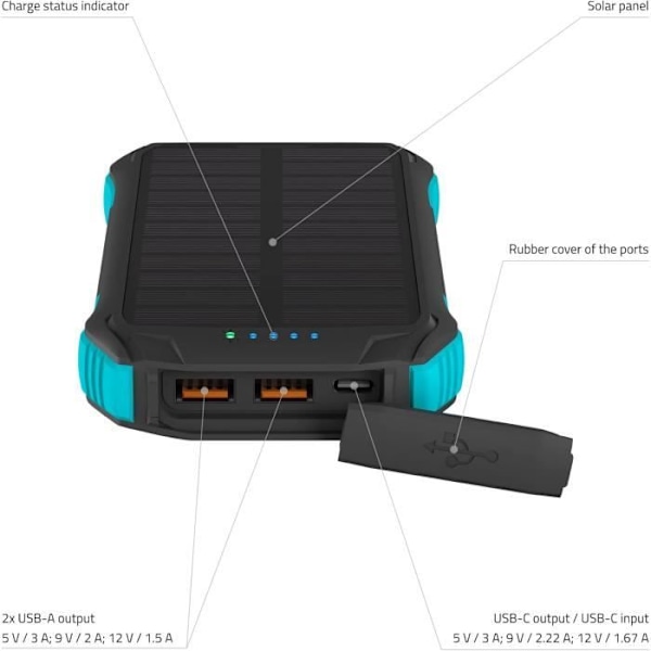 Lamax Journey Bärbar solcells-laddare för utomhusbruk 12 000 mAh med 2 USB-A-portar och 1 USB-C-port, 18 LED, solpanel, vattentät