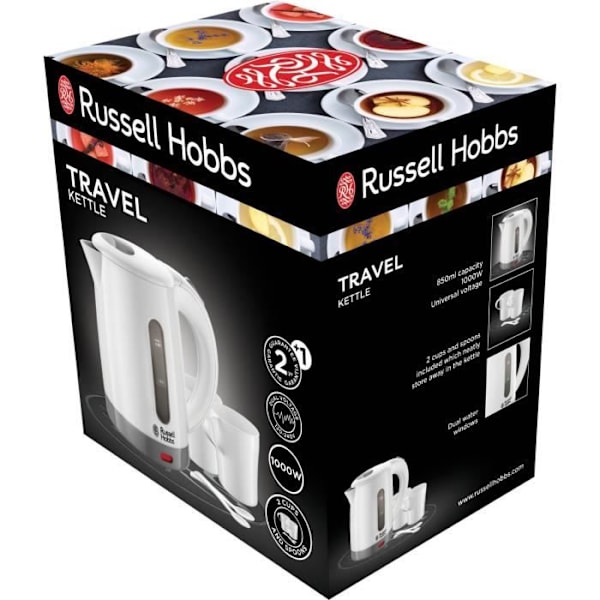 Russell Hobbs 23840-70 rejsekedel 0,85L rejse 1000W, 2 kopper og skeer inkluderet