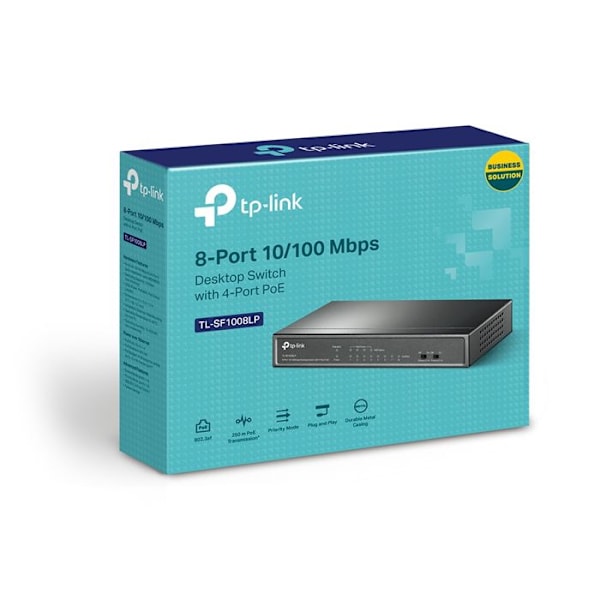 TPLINK TL-SF1008LP 8P Switch 4P PoE TL-SF1008LP 8-Port 10/100 Mbps Desktop Switch med 4-Port PoE 41W PoE budget Sort