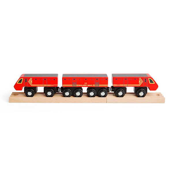 Bigjigs Rail Punainen Postijuna - 2 vaunua ja 2 raidetta, puiset junasarjat, lapsille alkaen 3-vuotiaista.