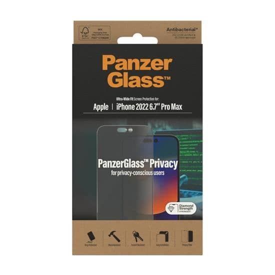 Skyddsglas - PanzerGlass - iPhone 14 Pro Max - Sekretess - Härdat glas - Repbeständig