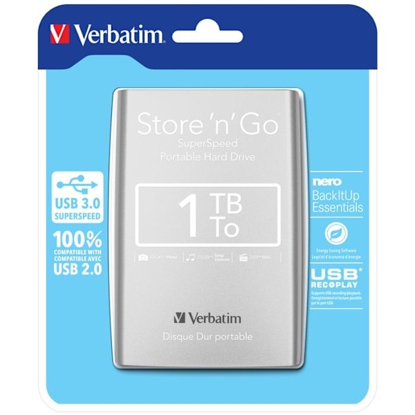 VERBATIM Store'n'Go ulkoinen kiintolevy - 1 Tt - USB 3.0 - 2,5" - Harmaa