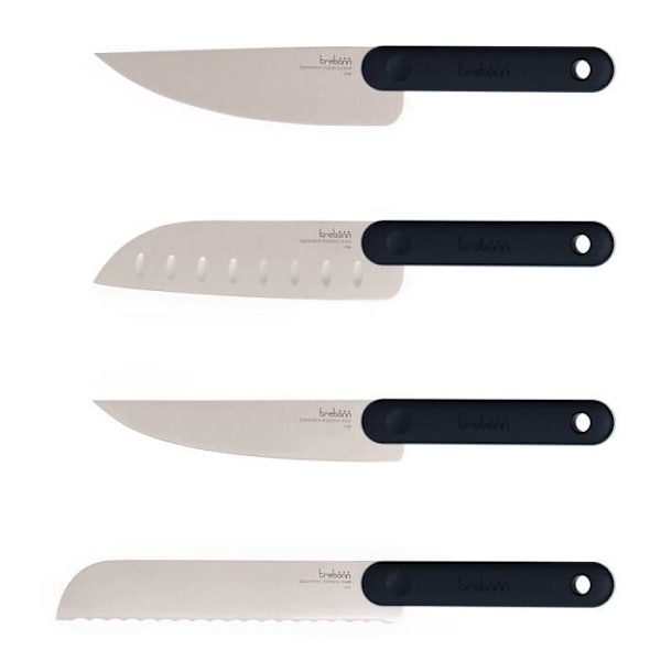 4 kappaleen musta veitsisetti (santoku, tarjoilu, leipä, kokki) Inox och Black