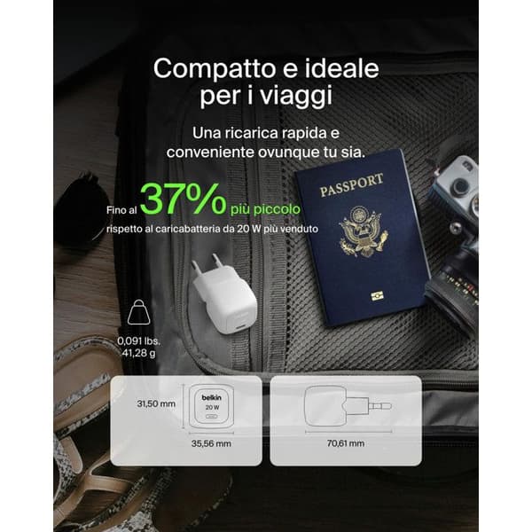 Belkin Väggladdare USB-C 20W kompakt snabbladdning vit Vit