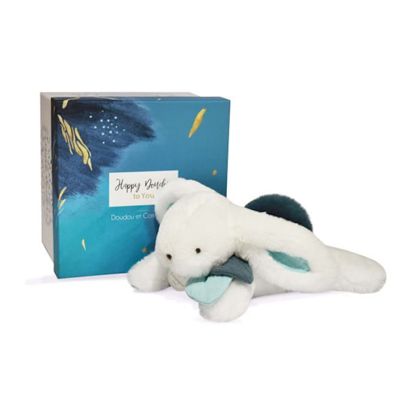 Doudou et Compagnie - Plys Kanin - 25 cm - Kanin Pompon Hvid/Blå Paon - Smuk Gaveæske - Happy Pop - Happy Doudou To You