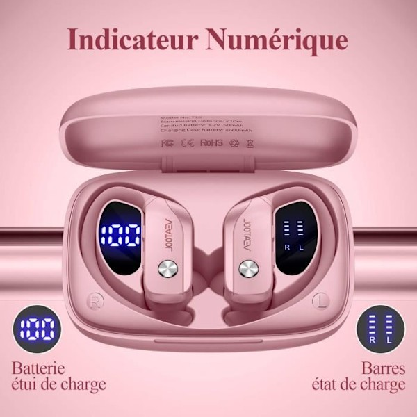 VEATOOL Trådlösa hörlurar Bluetooth 5.1 Sport Vattentålig IPX5 HiFi Stereo Batteritid 48h Inbyggd mikrofon Rosa Rosa