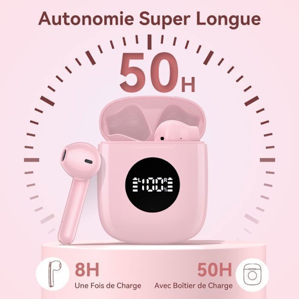 VEATOOL Trådlösa Hörlurar Bluetooth 5.3 Hi-Fi Stereo Vattentåliga IPX7 Bluetooth Öronproppar LED-display Bluetooth Hörlurar Rosa Rosa