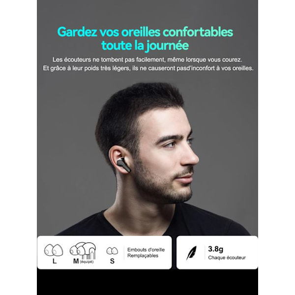 VEATOOL Trådlösa hörlurar Bluetooth 5.3 med mikrofon, 35 timmars batteritid, LED-display, vattentåliga IPX7, ENC för iPhone och Android (Svart) Svart