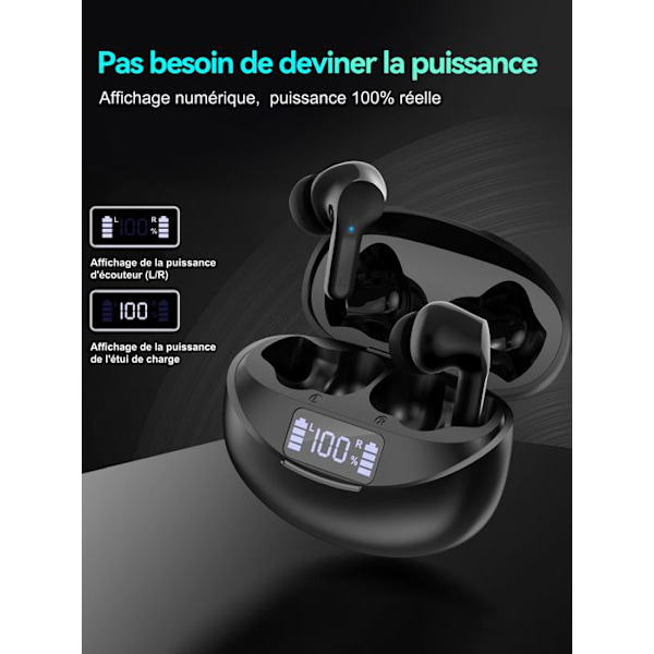 VEATOOL Trådlösa hörlurar Bluetooth 5.3 med mikrofon, 35 timmars batteritid, LED-display, vattentåliga IPX7, ENC för iPhone och Android (Svart) Svart