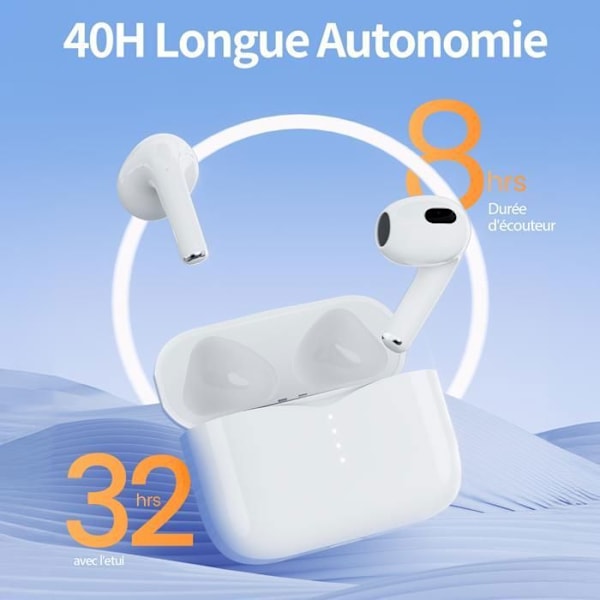 VEATOOL Langattomat Kuulokkeet Stereoääni 14mm Bluetooth 5.3 ENC Melunvaimennus 40H Akunkesto IPX6 Valkoinen 2,5g Kevyt Vit
