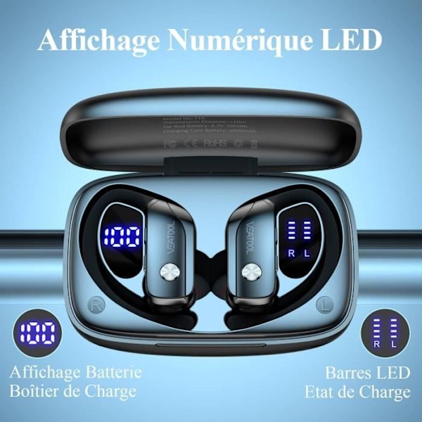VEATOOL Trådlös sporthörlur Bluetooth 5.1 Vattentät IPX5 Stereoljud 48h Autonomi Inbyggd mikrofon Svart Svart