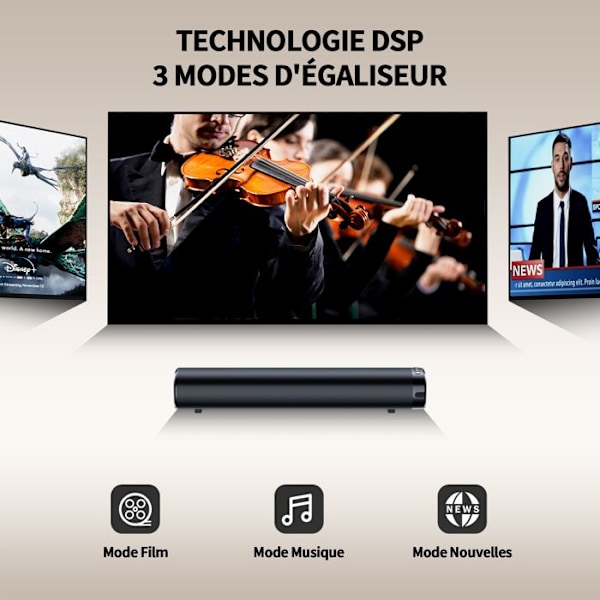 VEATOOL Soundbar för TV 50W Power Deep Bass Channels 2.0 Stereoljud DSP EQ Mode Bluetooth/AUX/Optisk/USB/RCA Svart