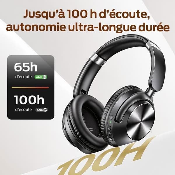 Bluetooth-hörlurar - VEATOOL - H08 - Hybrid ANC - 100 h batteritid - Bluetooth 6.0 Svart