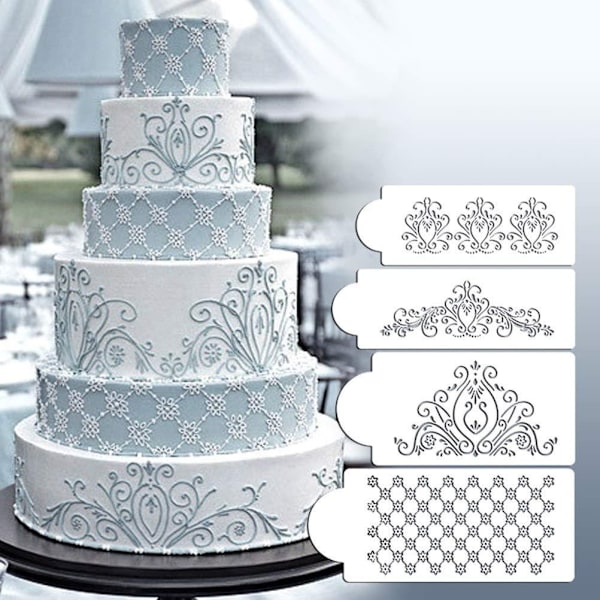 Tårtstencil Schablon Damask 4-Pack Vit