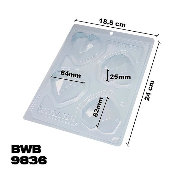 Pralinform Diamant Hjärtan 4st Chokladform - BWB 9836 - Special 3 Part Mold Transparent