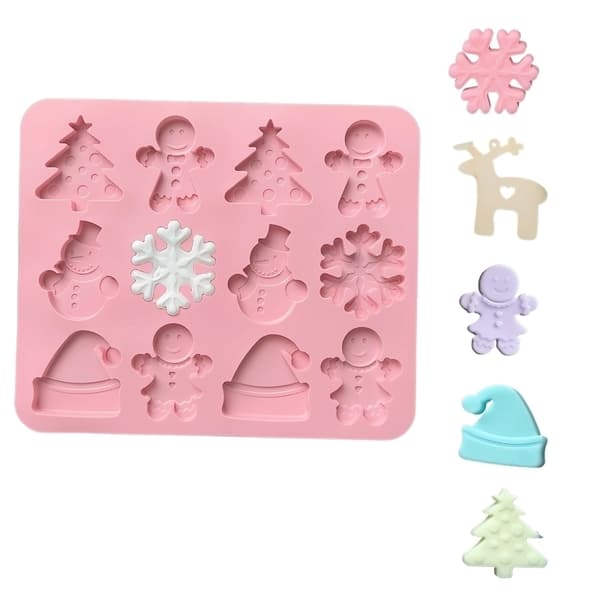 Julig Silikonform för Pepparkaksgubbar, Snögubbar & Julgranar Rosa