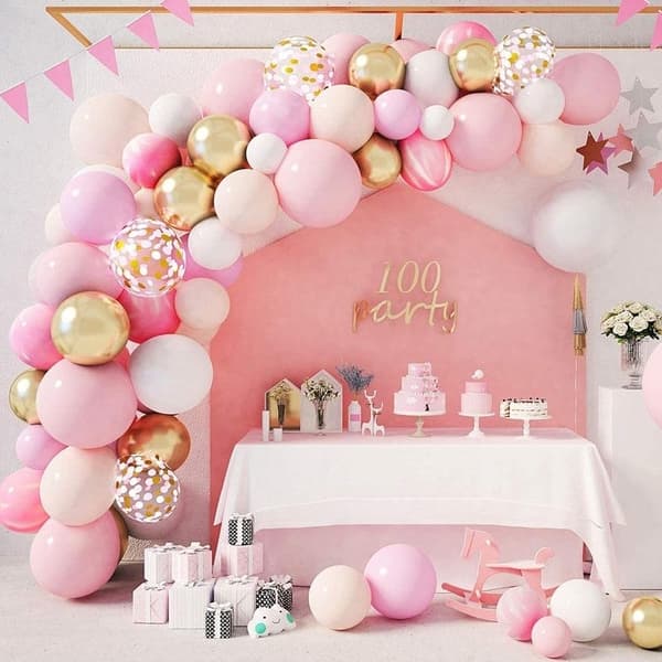 Ballongbåge -  Rosa/Guld/Vit 140st Starka Ballonger Rosa