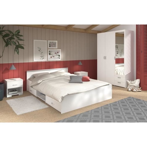 Komplet ZODIAC voksen soveværelse: 140x190 seng med skuffe + Garderobe med 3 låger og 2 skuffer + 2 sengeborde - Hvid Decor - PARISOT Vit