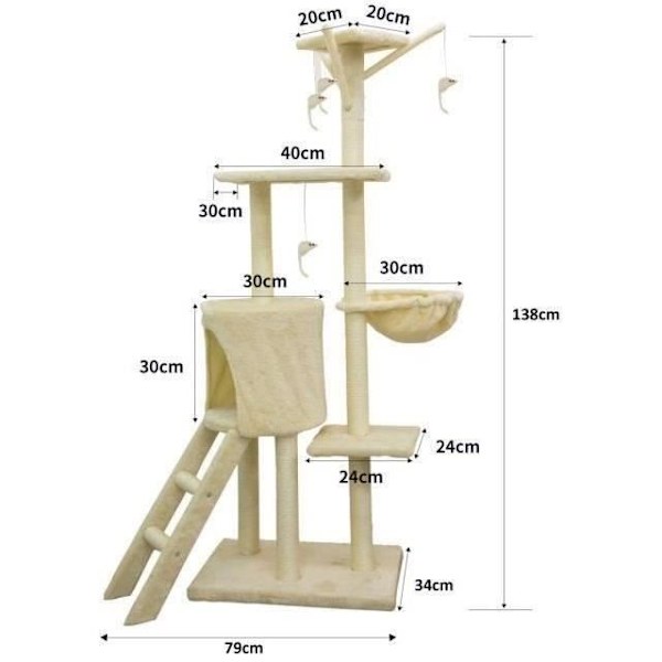 JIPSY Beige kattträd 79 x 34 x 138 cm - 3 plattformar, 1 abborre, 1 kennel, 1 trappa, skrapstolpar Beige