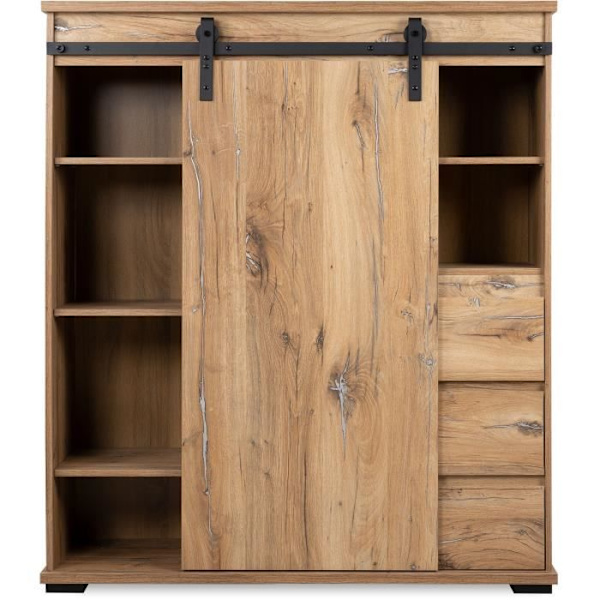 MANZANO skänk - Flagstaff Ek dekor - 1 skjutdörr + 3 lådor + 2 nischer - L120 x H140 x D40 cm Flagstaff ek