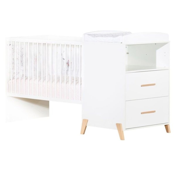 Kombinerad säng - 120x60cm - Konvertibel till 90x190cm - Babyprice Joy Natural - Vit på ben av naturliga trä