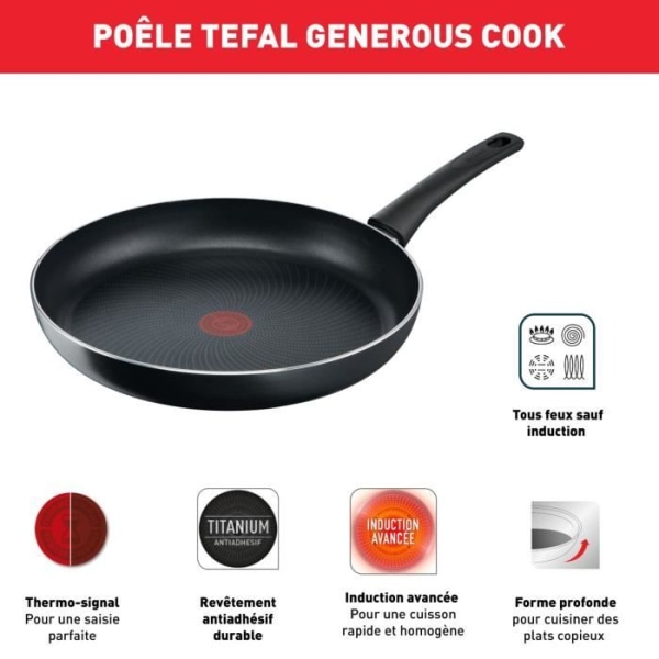 TEFAL Generous Cook Cookware 6 p, gryta, stekpanna, sautépanna + lock, induktion, non-stick, tillverkad i Frankrike C2789602 Svart