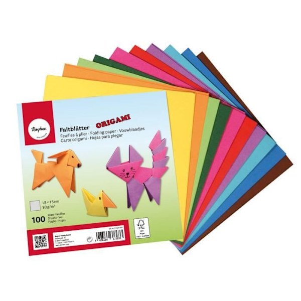 Origami papir - Rayher Hobby - Dobbeltstående foldere - Pakke med 100 ark - FSC Mix Credit - Multifarvet