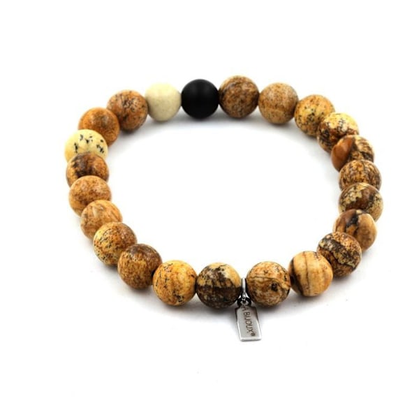 Sten og mineraler. Landskab Jaspis Perler + Mat Sort Onyx Armbånd 8 mm. Fremstillet i Frankrig. Jaspe Landskap, Matt svart Onyx
