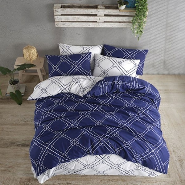 Sengebetræk - GEOMETRISK - 220x240 cm - 100% Bomuld - Geometrisk Mønster - Maskinvaskbar Blå