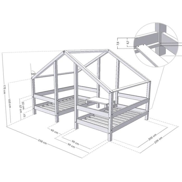 Hyttsäng för två barn VILLY - massivt trä - vit - 2 x 90 x 200 cm Vit