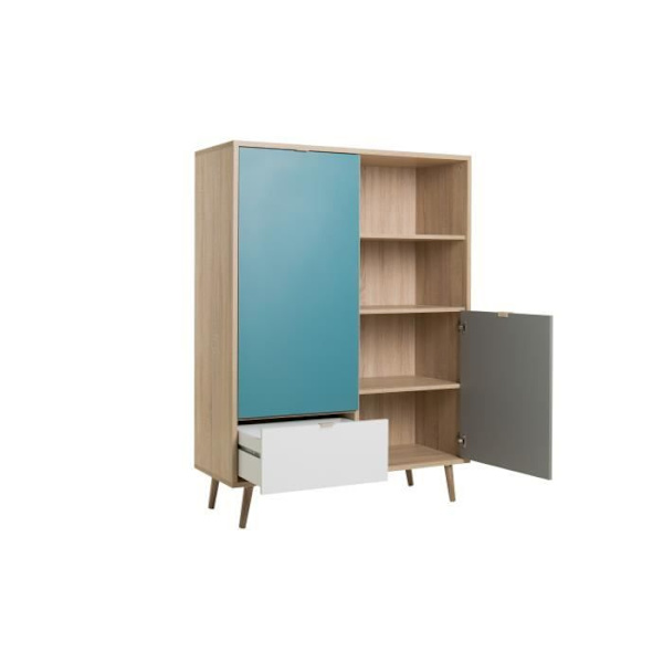 Høj skænk - Sonoma eg, hvid, grå og blå - Skandinavisk stil - CUBA - L 103 x D 40 x H 139 cm Sonoma Ek/Vit/Grå/Blå