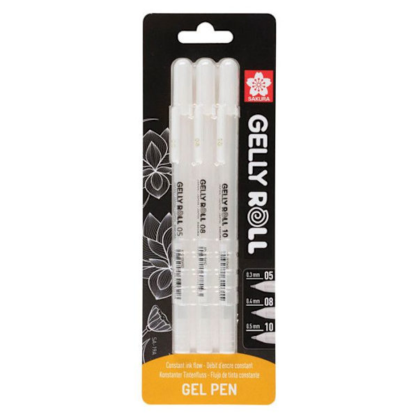 Fejermarker - Hvid blæk - 3 forskellige størrelser - Gelly Roll - Sakura - Tegning Vit
