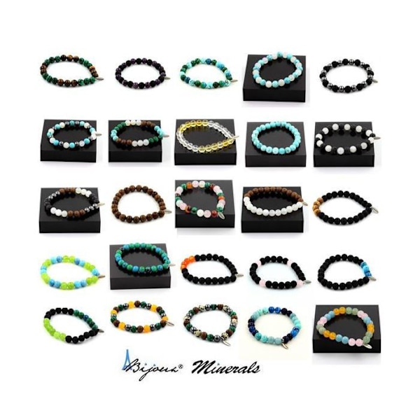Sten og mineraler. Tiger Eye Beads Armbånd + Labradorite + Lepidolite + Chrysocolla Lavet i Frankrig. Brun, blå, lila, grön